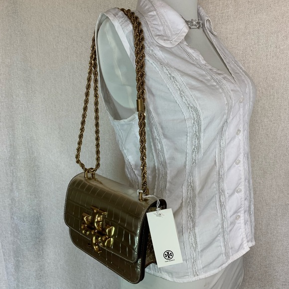 NEW Tory Burch Eleanor Gold Embossed Leather Small Convertible Shoulder Bag AUTH - Picture 16 of 16